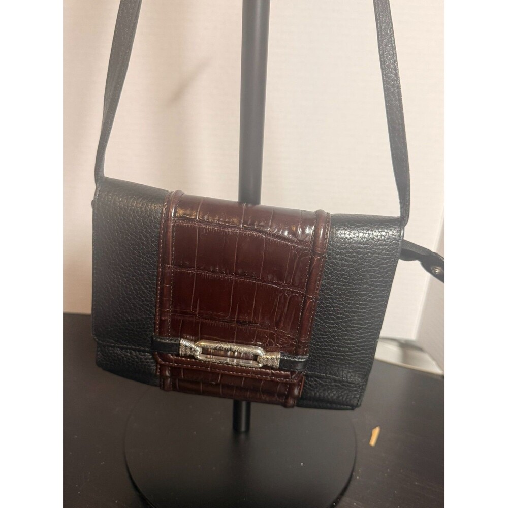 Vtg Brighton Black Pebble Leather Croc Embossed Organizer Crossbody Wallet Bag